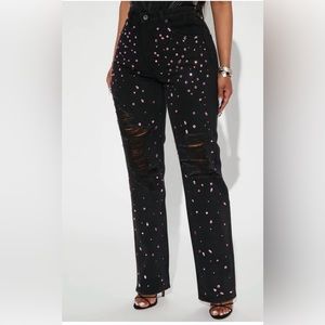 Fashion nova black straight leg jeans with pink gemstones